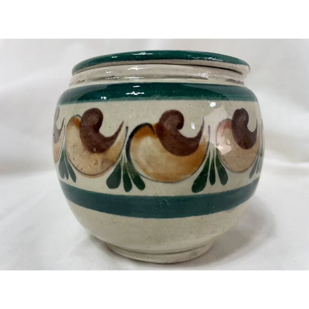 Mexican HandPainted Ceramic Jar w Lid Bird Floral Design Green & Brown Accents